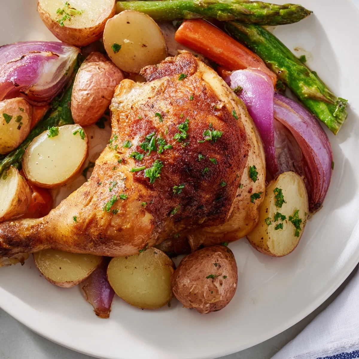 A close-up of Roasted Chicken with Spring Vegetables, golden skin on juicy chicken beside tender asparagus and carrots.