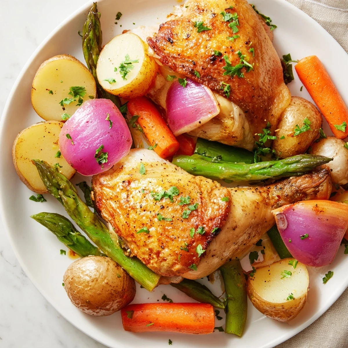 Serve Roasted Chicken with Spring Vegetables family-style, with pan juices and roasted potatoes for a comforting spring dinner.