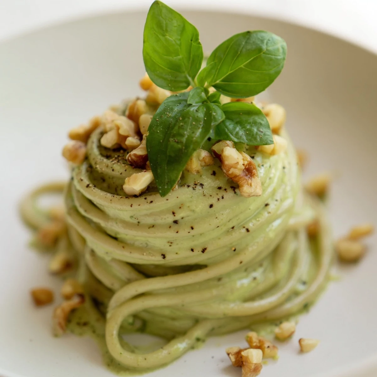 Freshly blended creamy avocado spinach pasta sauce coats spaghetti, topped with crunchy chopped walnuts and fresh basil leaves.