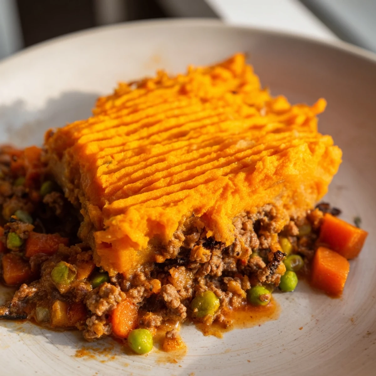 Golden-brown sweet potato mash topping on Beef Shepherds Pie with bubbling beef filling.
