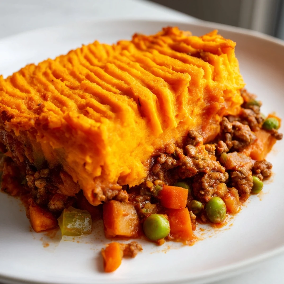 Comforting slice of Beef Shepherds Pie served warm beside fresh salad greens on wooden table.