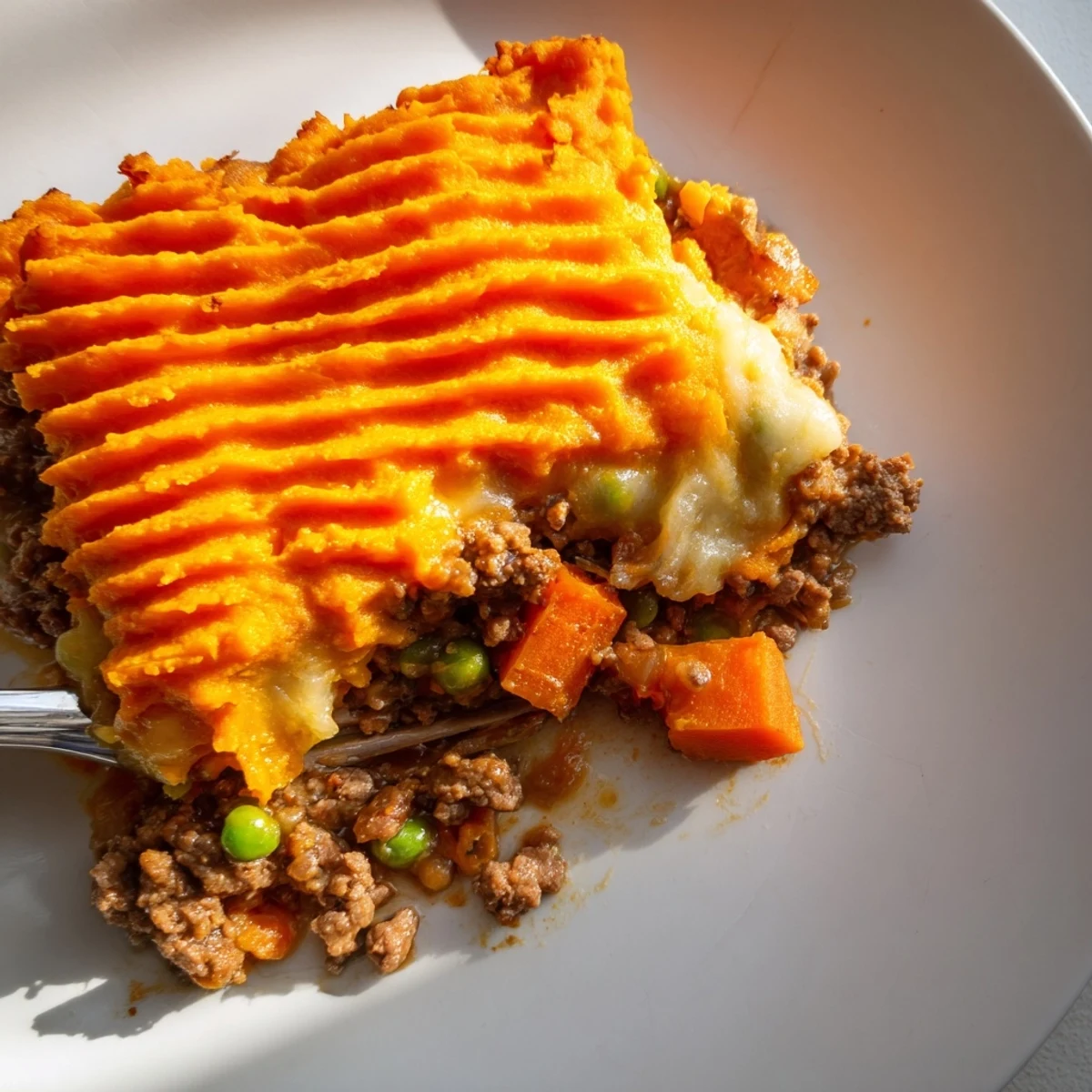 Beef Shepherds Pie emerges from oven with savory aroma and crispy sweet potato ridges.