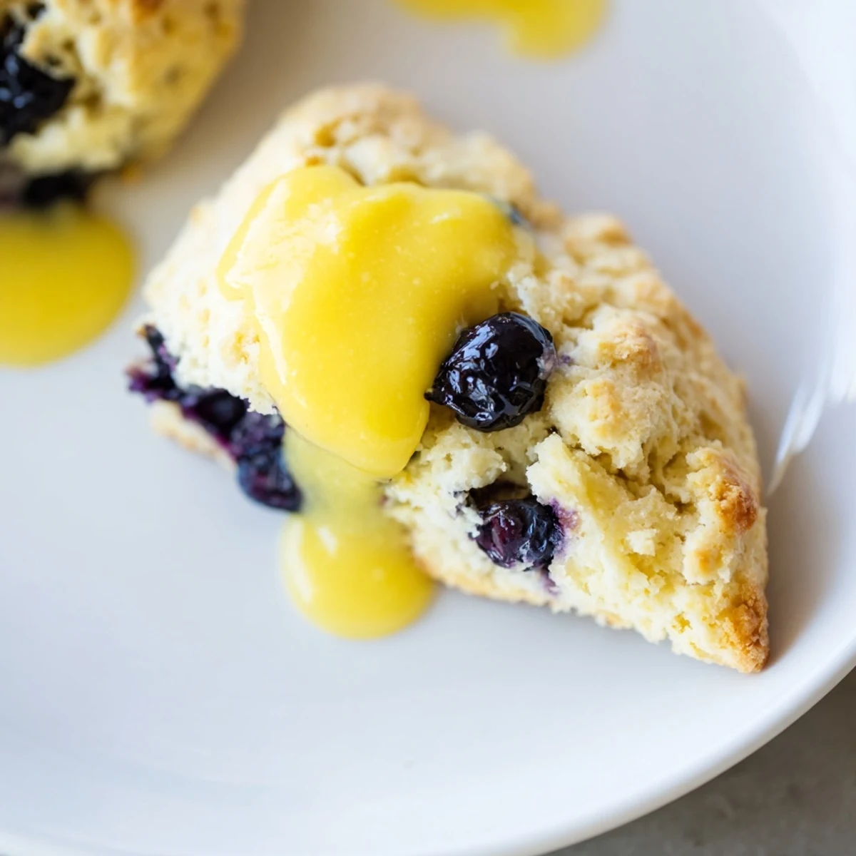 Golden-brown Lemon Blueberry Scones with Lemon Curd topped with fresh blueberries and zest on a rustic wooden board.