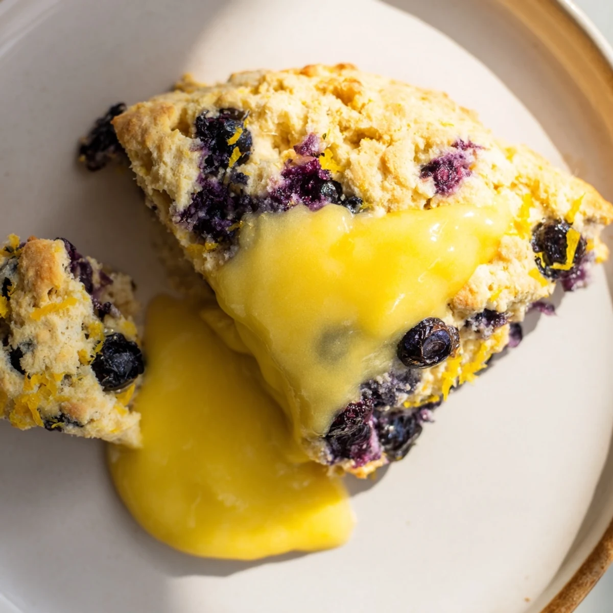 Freshly baked Lemon Blueberry Scones with Lemon Curd on a cooling rack, featuring blueberry swirls and a glaze.