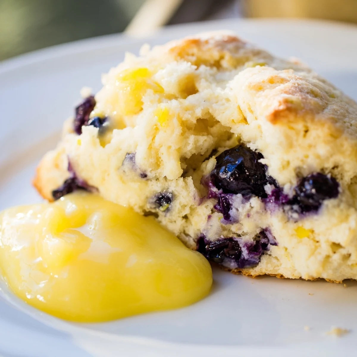 Tender Lemon Blueberry Scones with Lemon Curd served warm with a dollop of curd and a cup of tea.