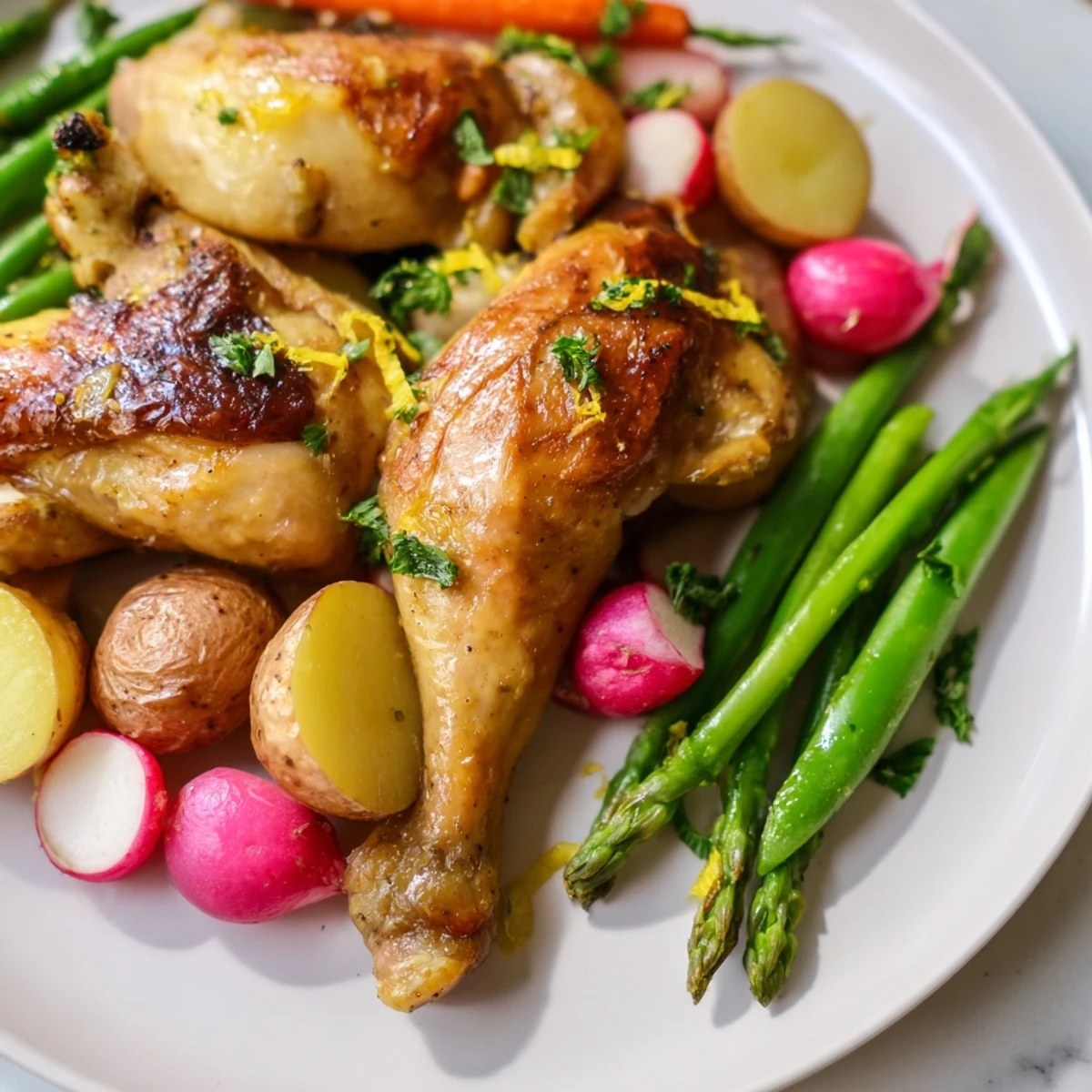 Golden-brown roasted chicken with spring vegetables and herbs on a rustic platter, garnished with fresh parsley and lemon zest.