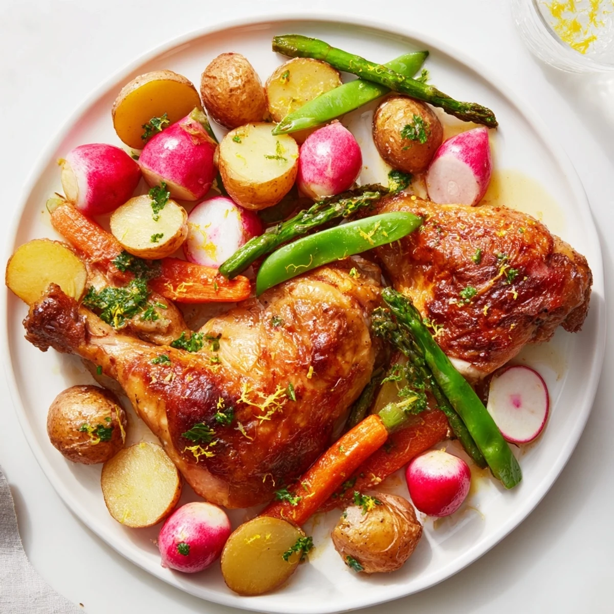 Juicy roasted chicken with spring vegetables and herbs surrounded by carrots, potatoes, and snap peas, ready to serve.