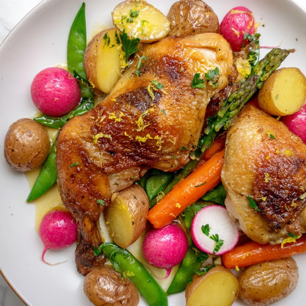 A golden roasted chicken with spring vegetables and herbs plated with asparagus, radishes, and lemon slices for a fresh meal.