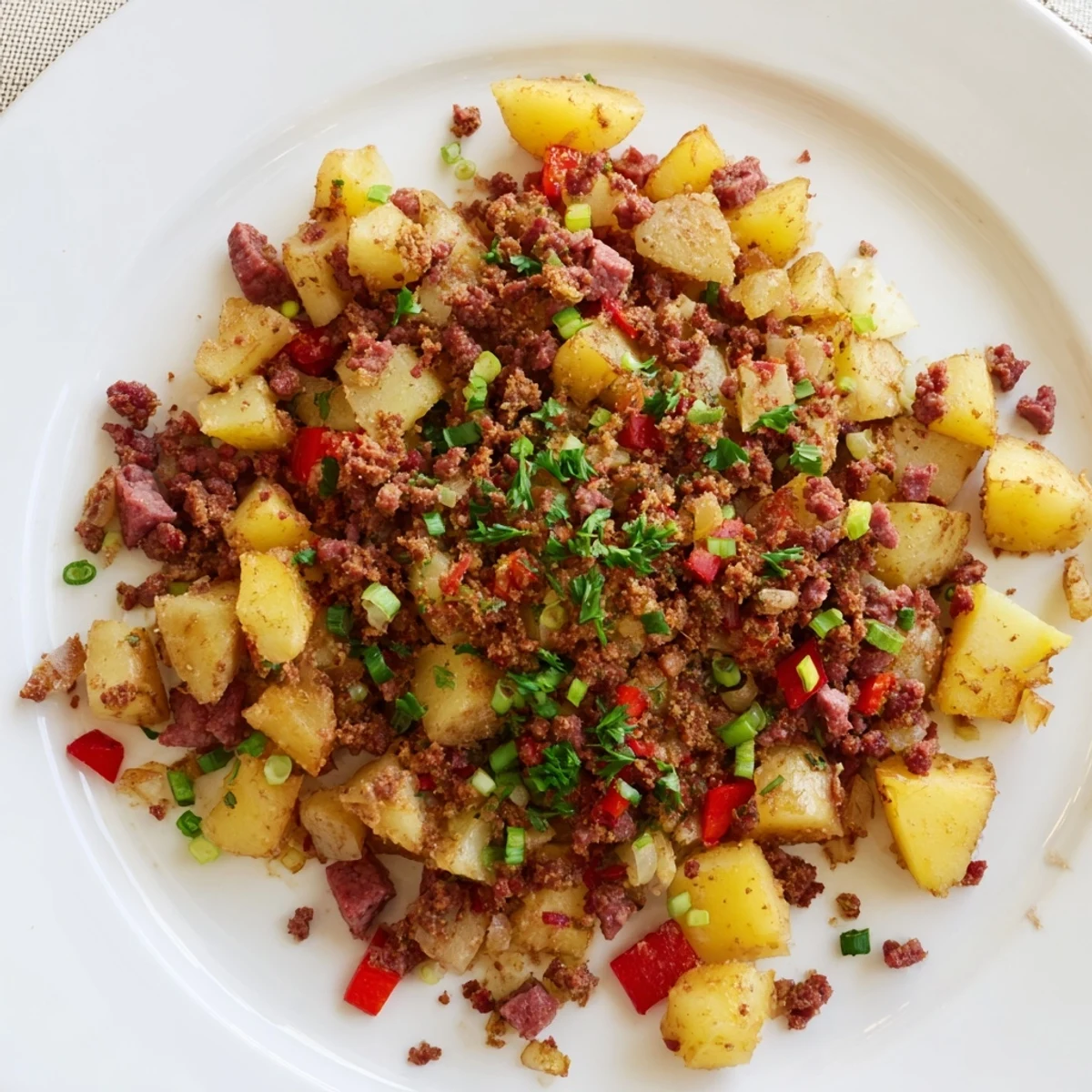 Hearty Corned Beef Hash with fluffy eggs on top, garnished with fresh parsley for a savory American breakfast plate.