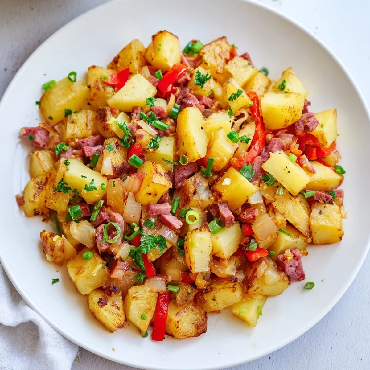 Golden, crispy Corned Beef Hash with diced potatoes, sautéed onions, and red bell peppers served in a rustic skillet.