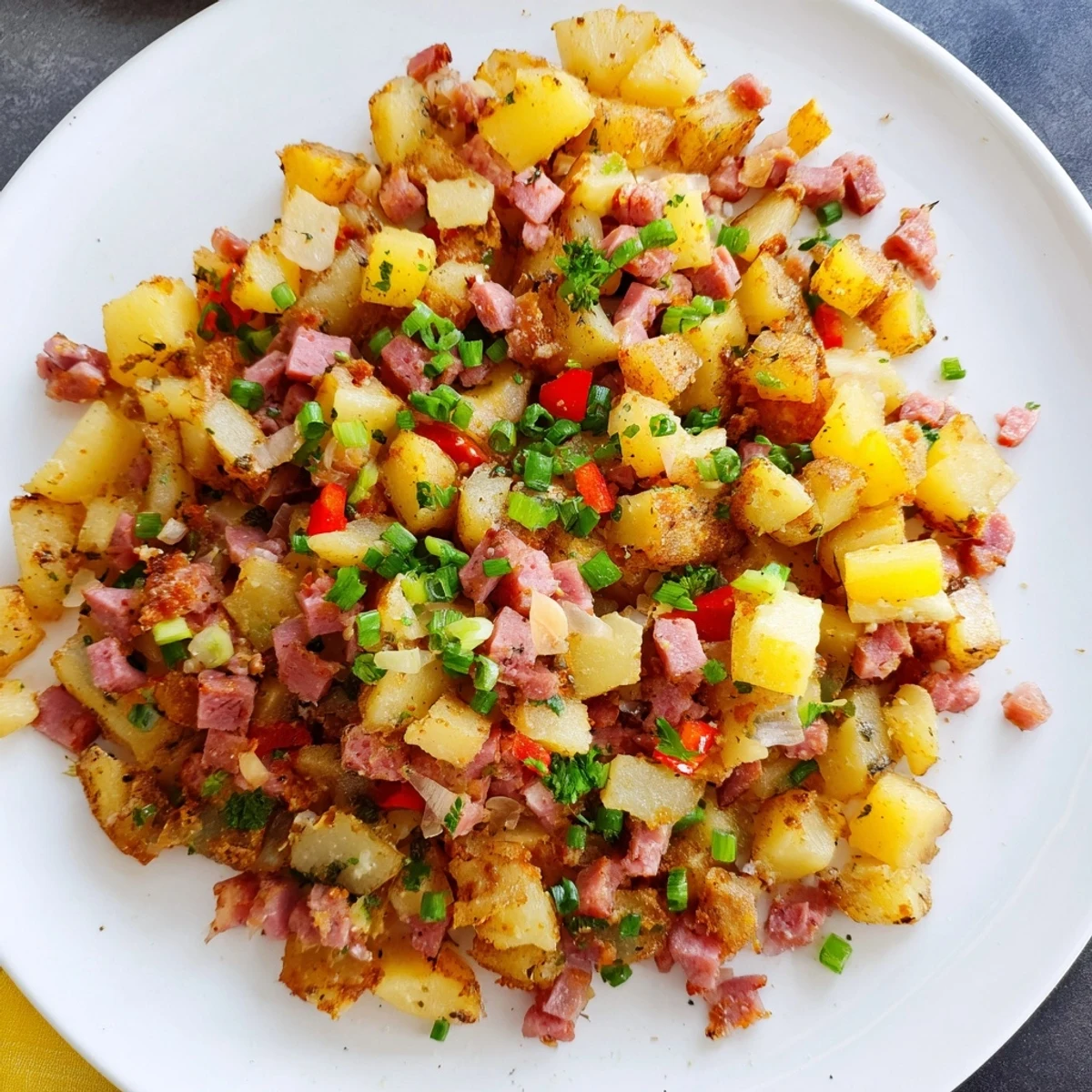 Skillet Corned Beef Hash featuring tender beef and crispy russet potatoes, paired with green onions for a rustic brunch.