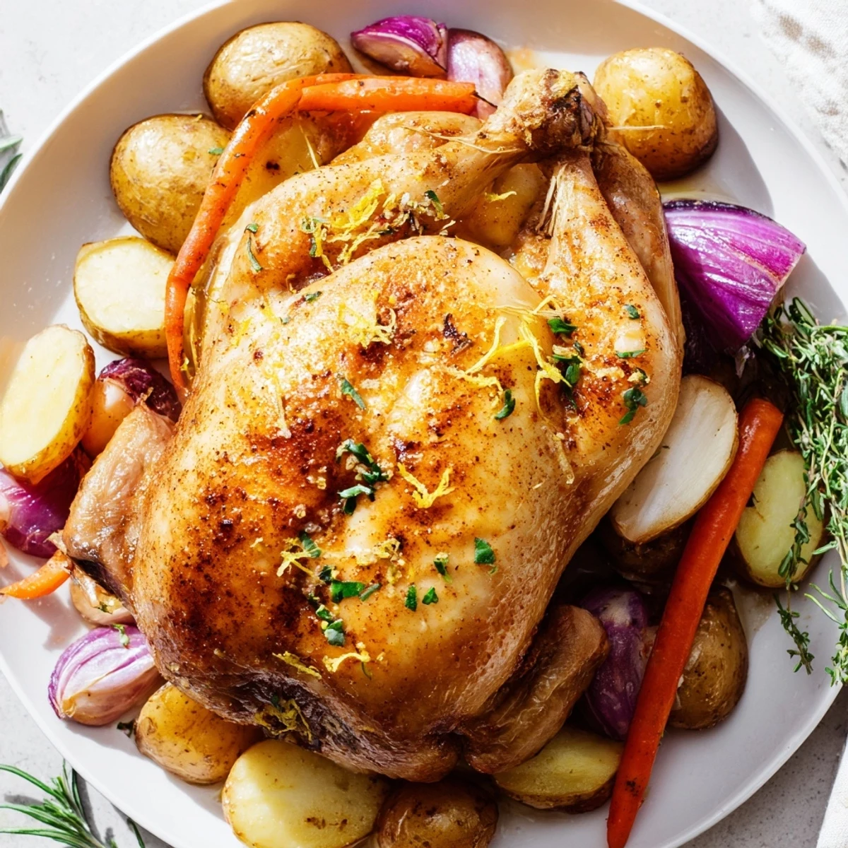 Golden-brown Roasted Chicken with Spring Vegetables and Herbs rests in a roasting pan, surrounded by caramelized potatoes and carrots.
