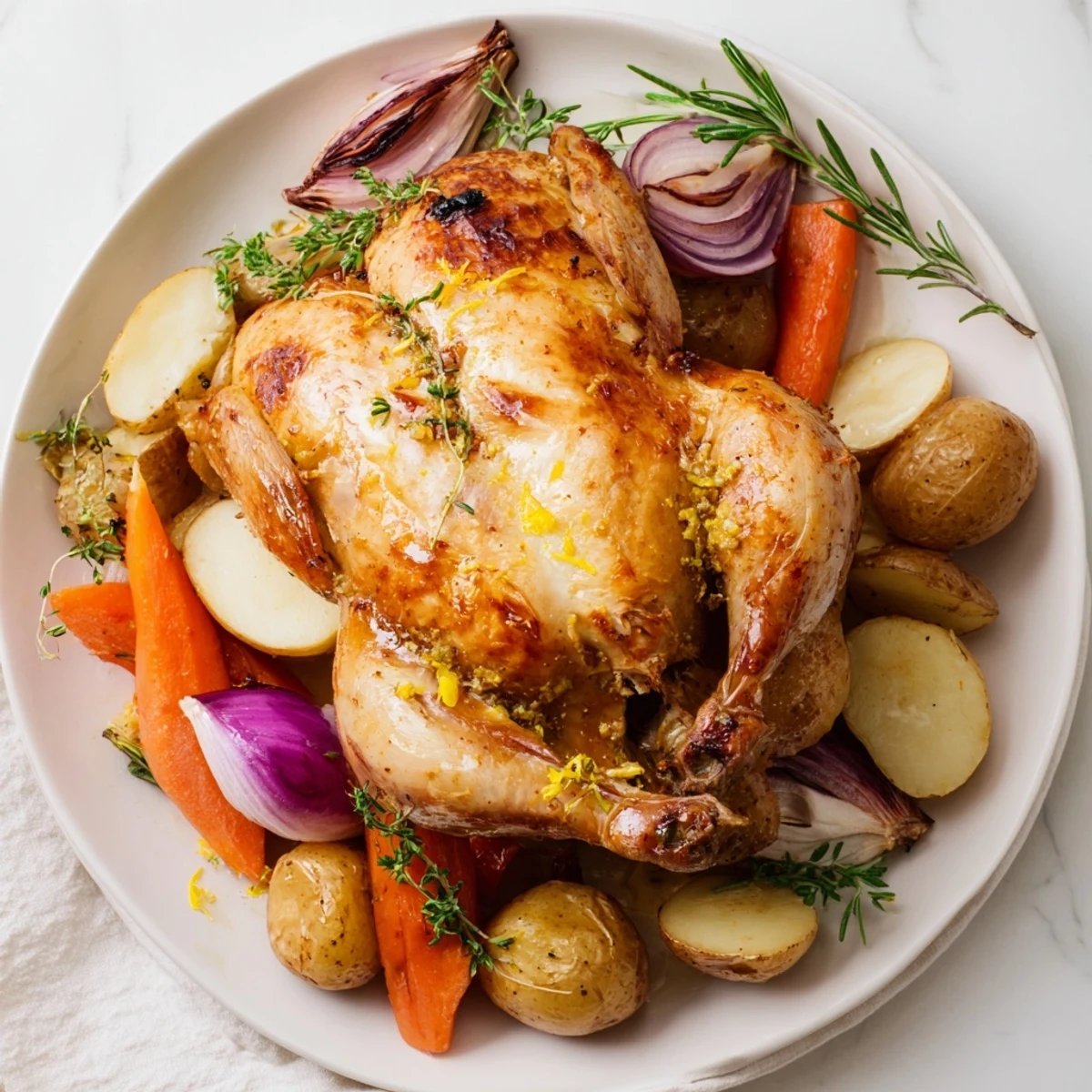 A succulent whole Roasted Chicken with Spring Vegetables and Herbs, glazed with butter and herbs, ready for a family dinner.