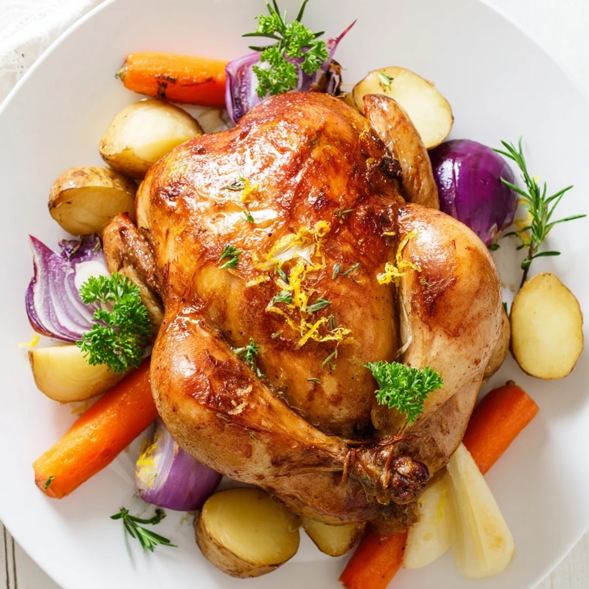 Freshly baked Roasted Chicken with Spring Vegetables and Herbs garnished with parsley and lemon zest, served alongside tender asparagus.