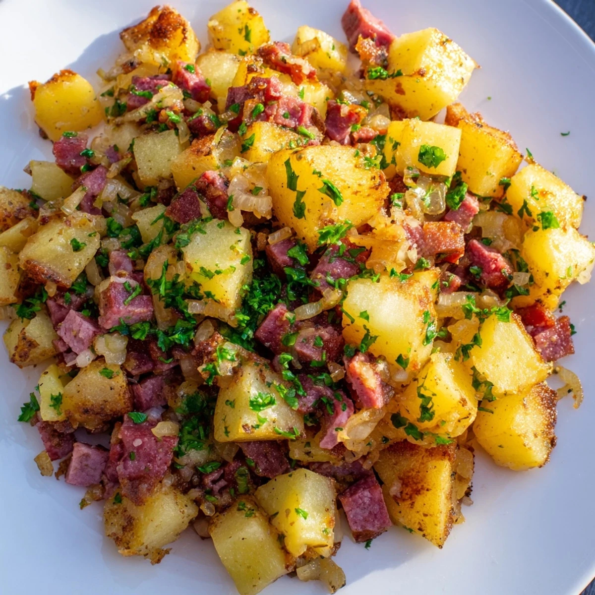 Hearty corned beef hash with sautéed onions, bell peppers, and fried eggs on a rustic skillet.  