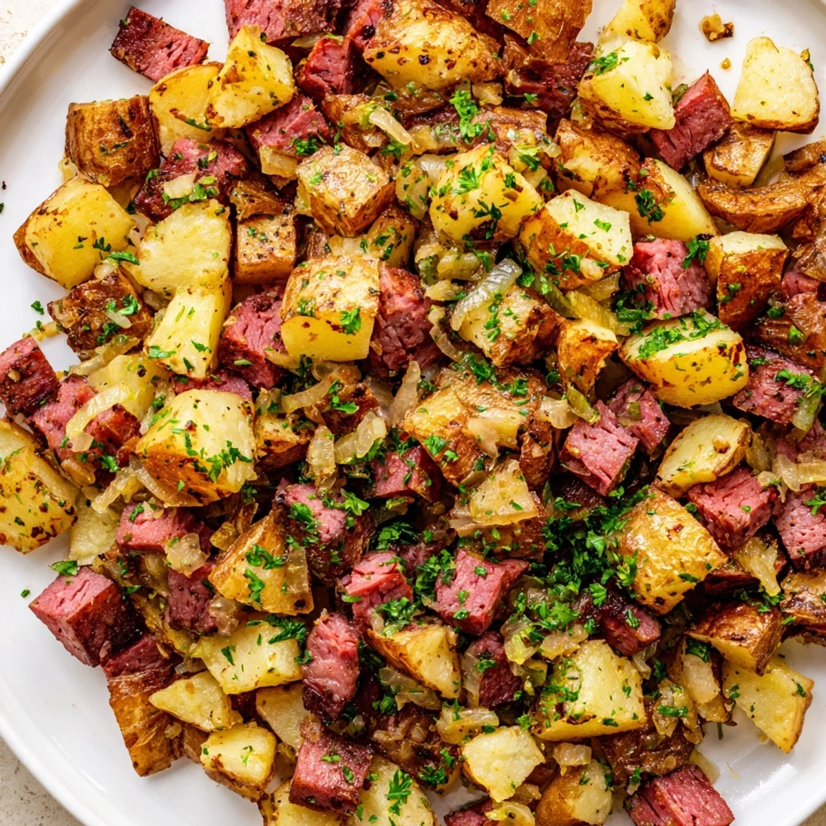 Classic American corned beef hash with well-browned potatoes and fresh herbs garnish ready to enjoy.