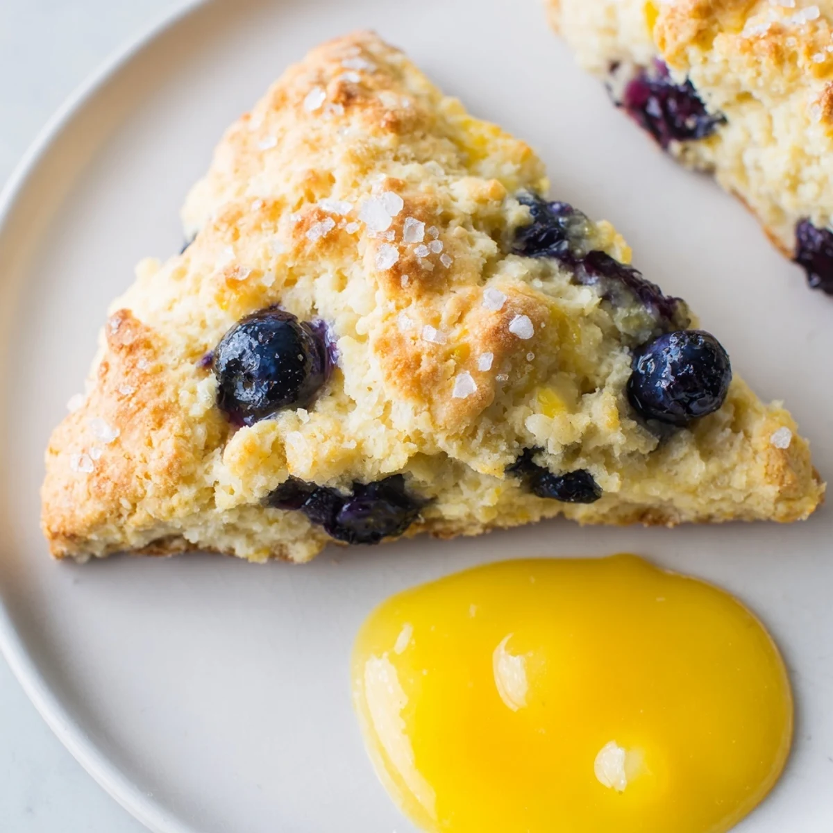 Golden-brown Lemon Blueberry Scones with Lemon Curd on a rustic wooden table, showcasing juicy blueberries and a drizzle of bright yellow sauce.