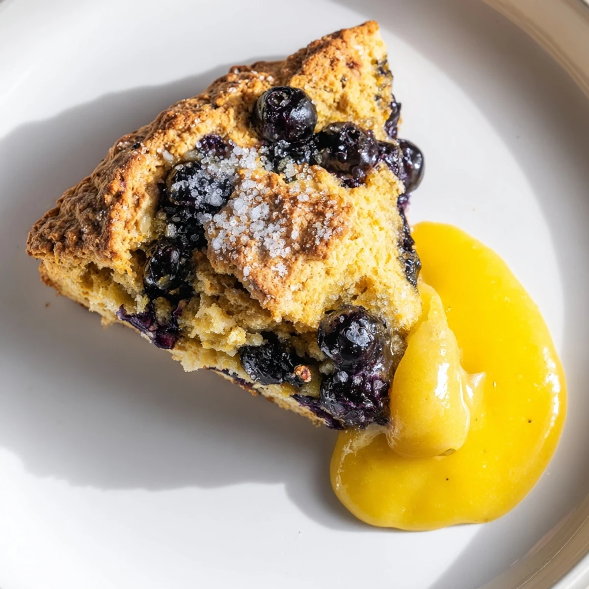 A close-up of Lemon Blueberry Scones with Lemon Curd, revealing tender crumb and fresh blueberries beside a small jar of curd.