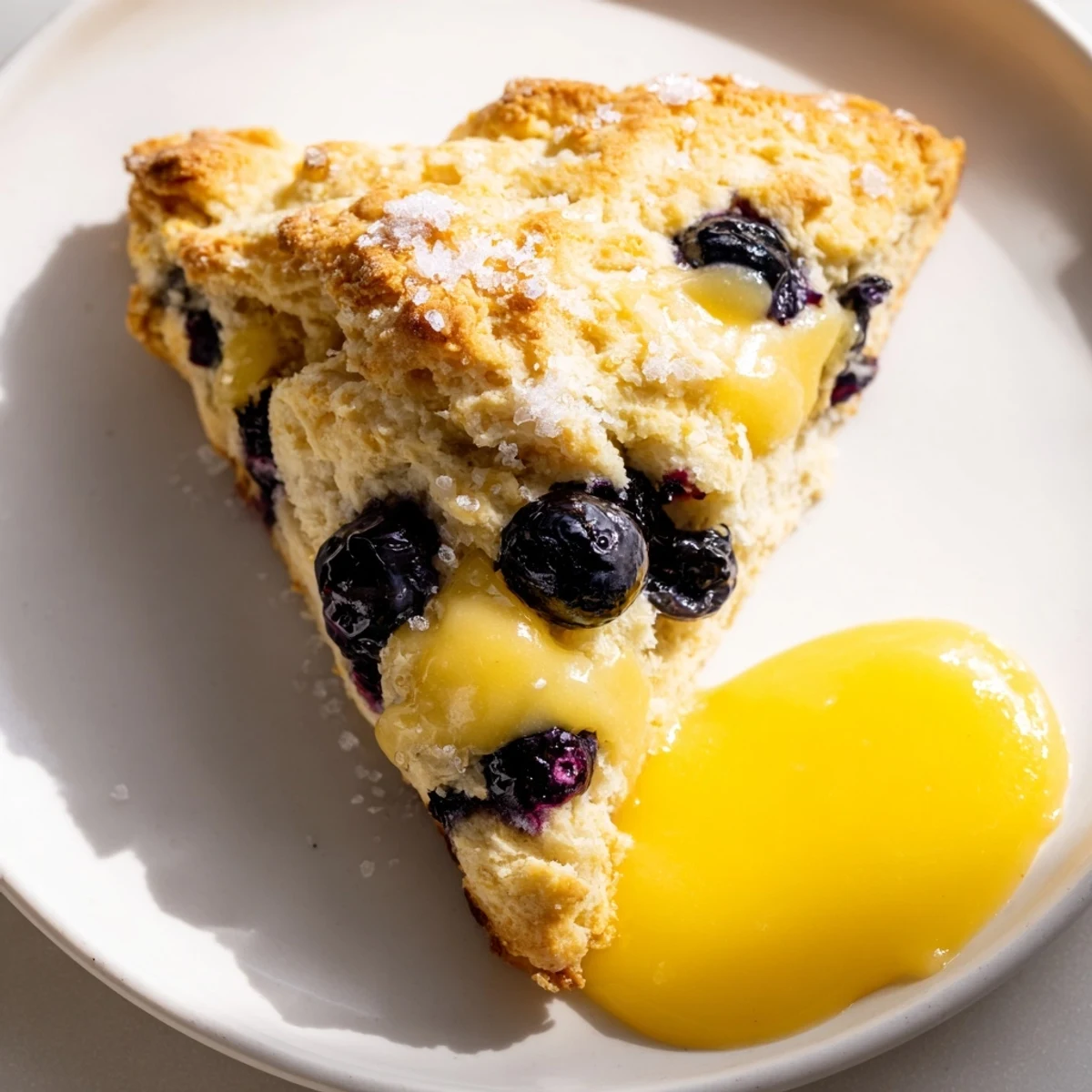 Freshly baked Lemon Blueberry Scones with Lemon Curd served warm on a white plate, perfect for a classic American breakfast.