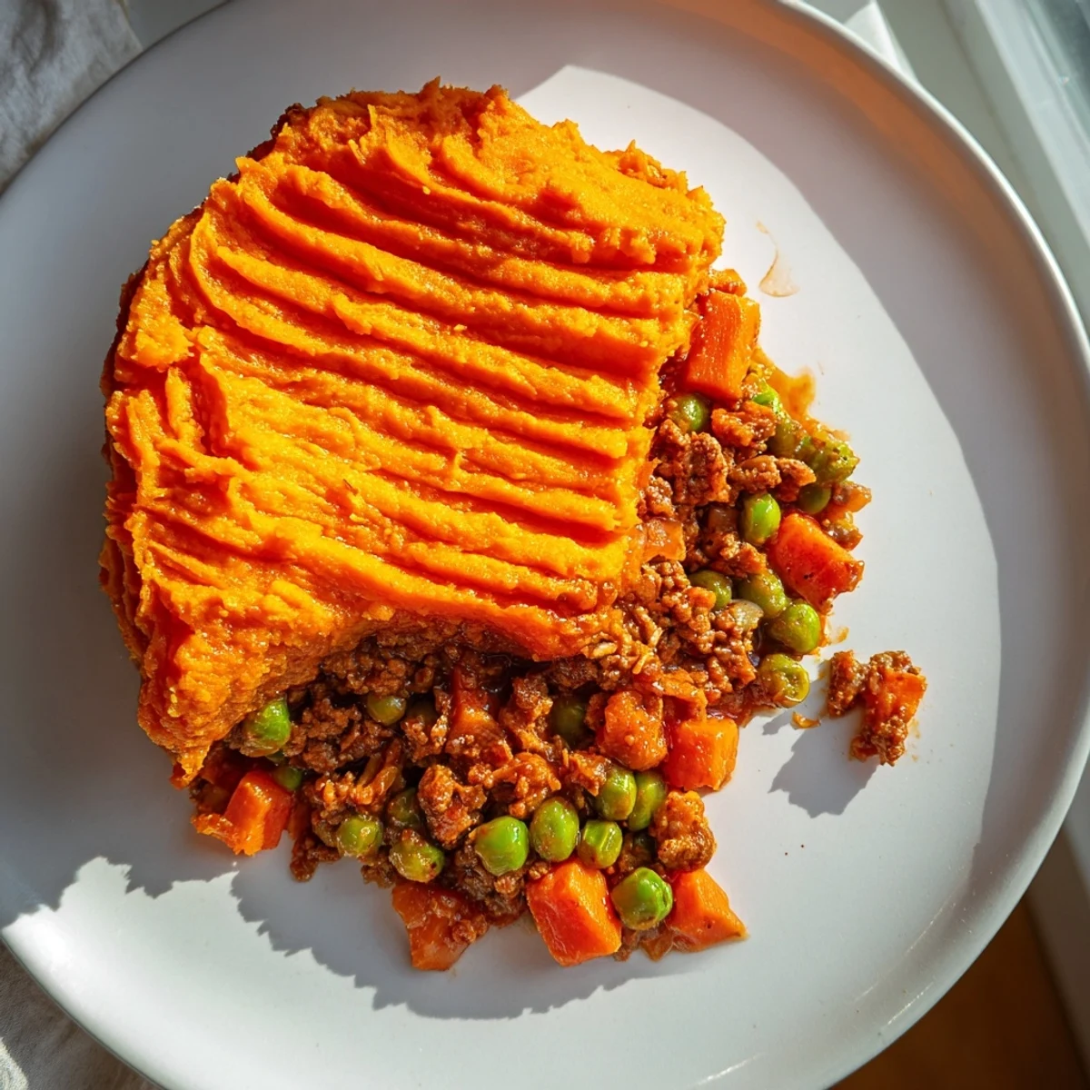 Golden-brown Beef Shepherds Pie with Sweet Potato Mash sits in a ceramic dish, its creamy ridged topping catching a warm oven glow.