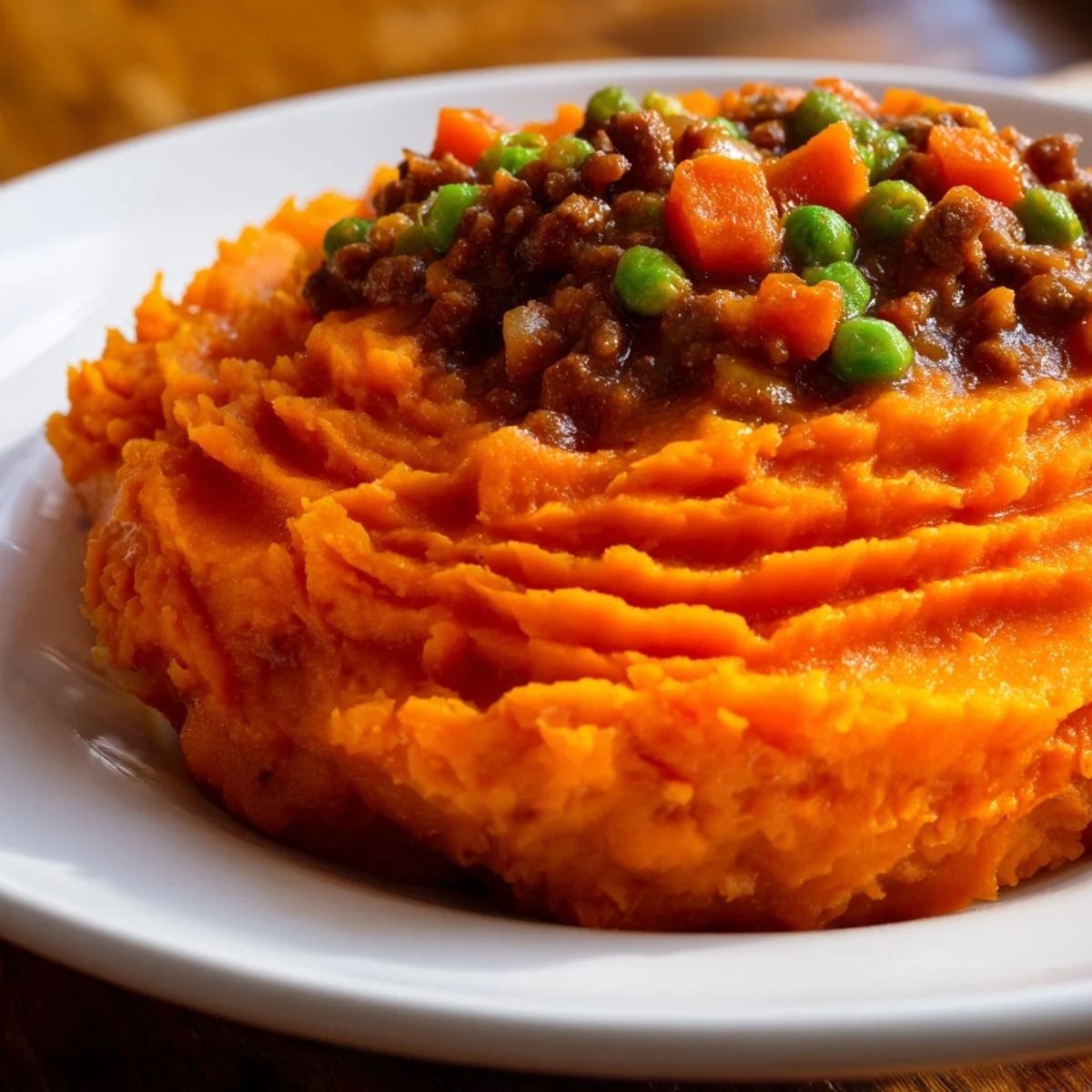 A close view of Beef Shepherds Pie with Sweet Potato Mash reveals savory beef filling peeking through fluffy orange mash topped with peas.