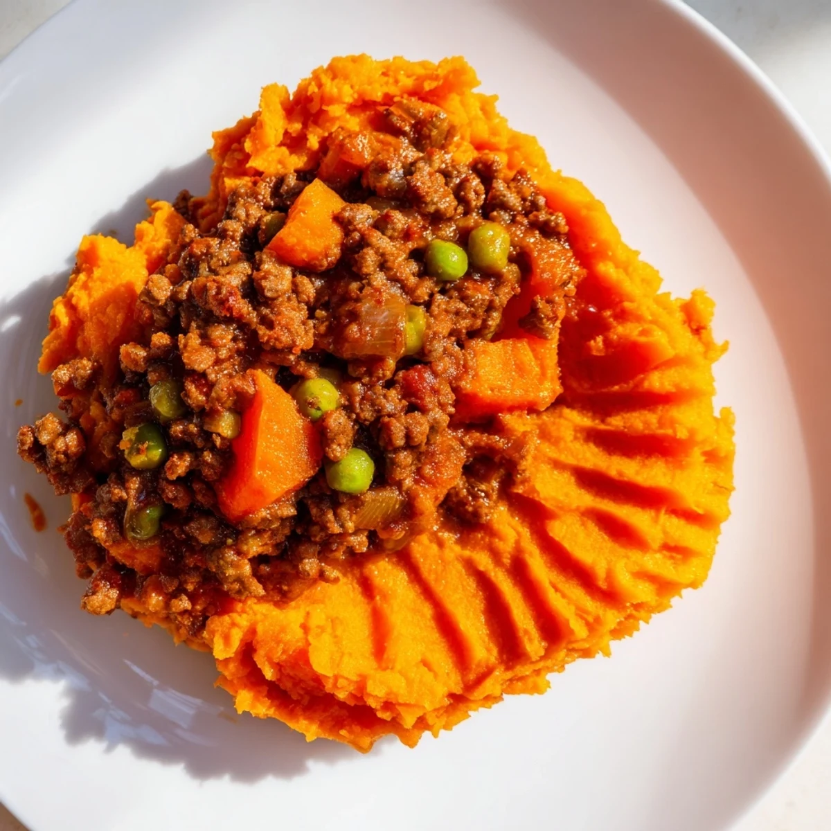 Sliced wedge of Beef Shepherds Pie with Sweet Potato Mash shows layers of tender meat and vegetables beside a fresh green salad side.