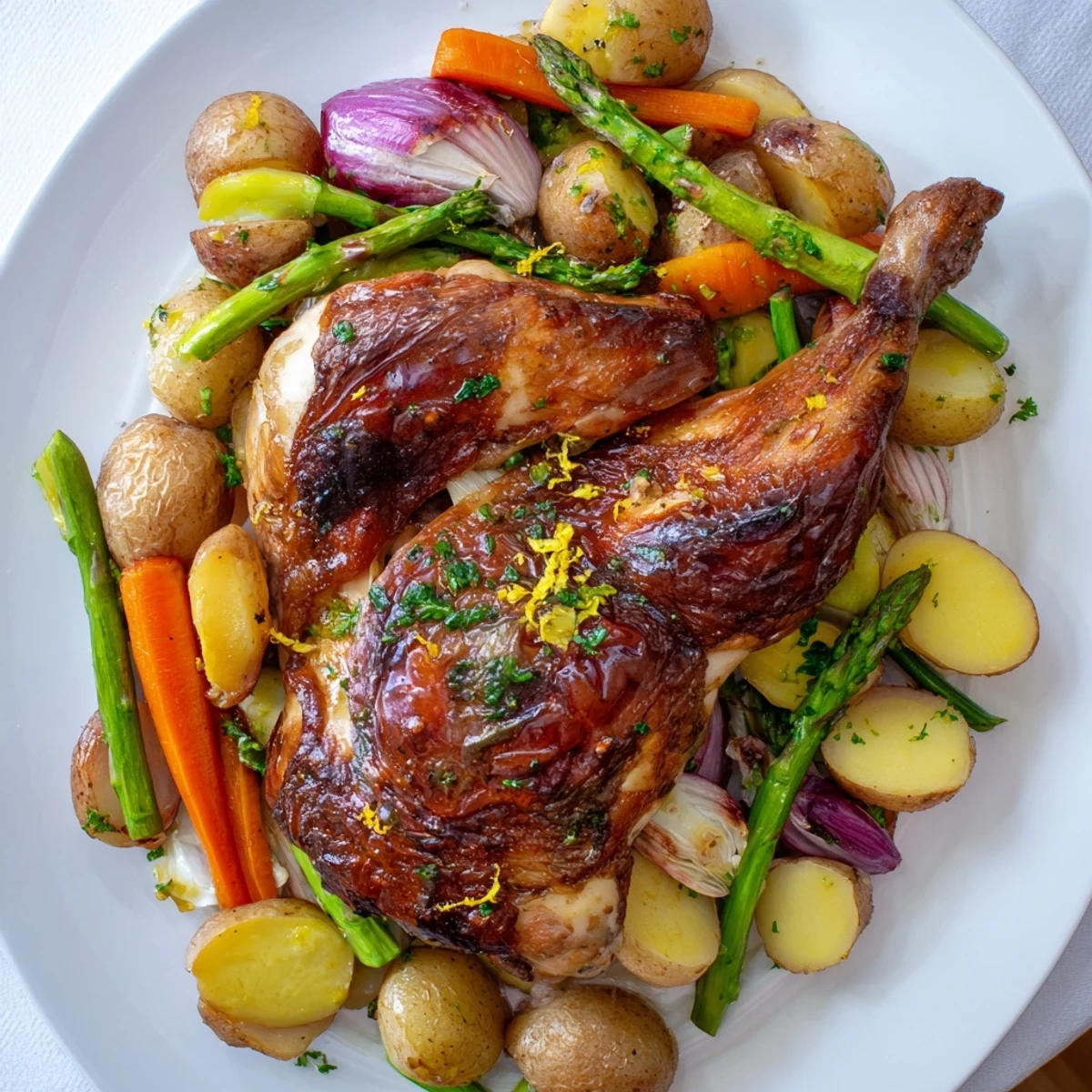 A juicy roasted chicken with spring vegetables, golden skin and tender carrots, potatoes, asparagus, and snap peas on a platter.