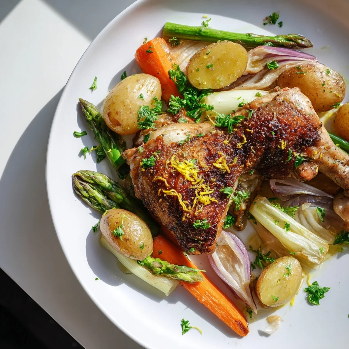 Roasted Chicken with Spring Vegetables served with fresh rosemary, lemon zest, and a drizzle of extra-virgin olive oil.