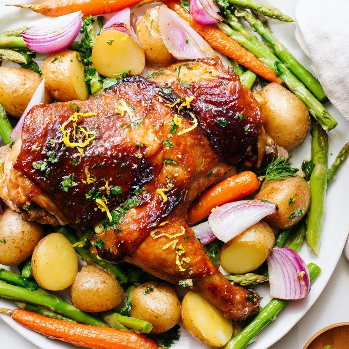 A rustic family dinner plate of Roasted Chicken with Spring Vegetables, garnished with parsley and ready for a white wine pairing.
