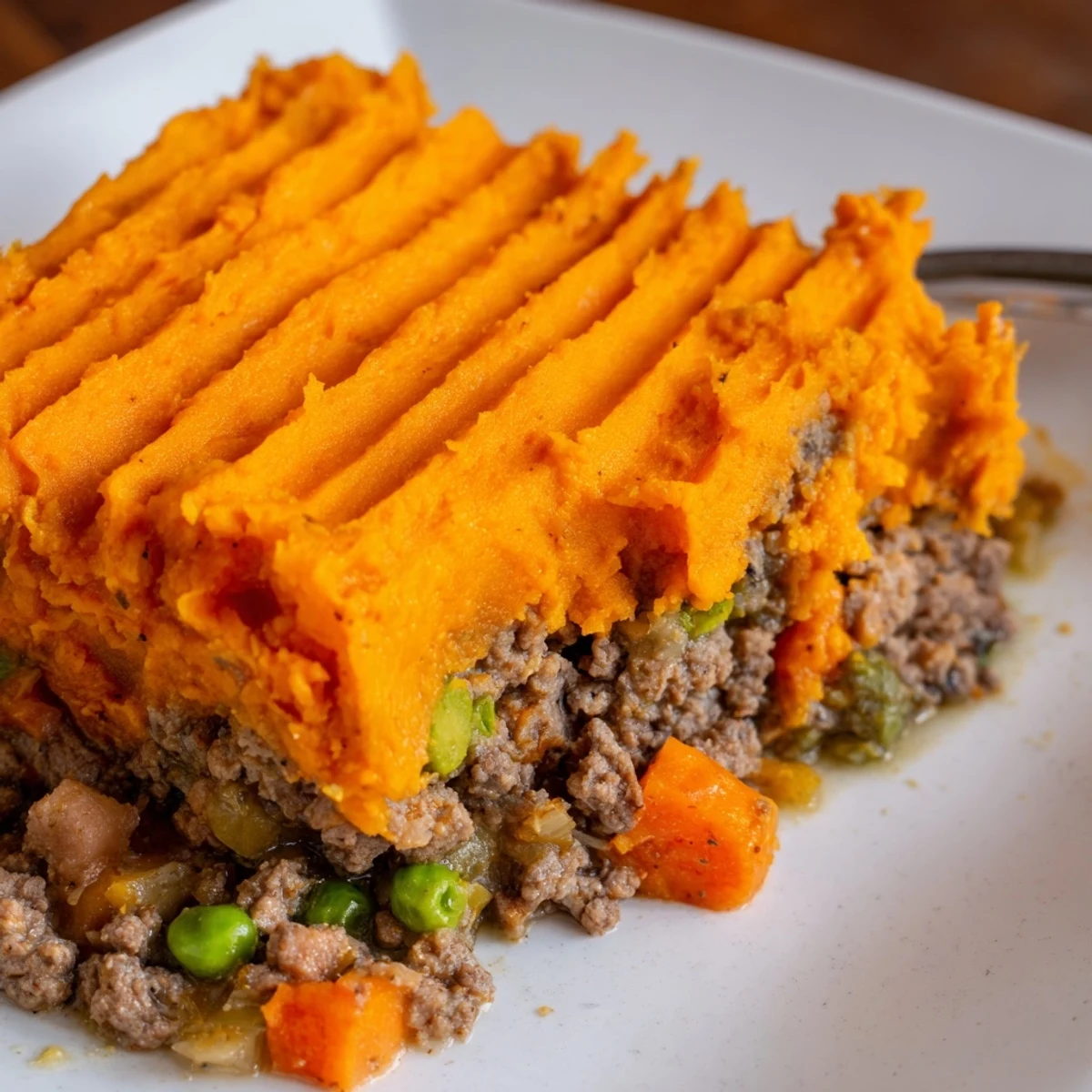 Golden sweet potato mash covers a hearty beef and vegetable filling in this comforting Beef Shepherds Pie with Sweet Potato Topping.
