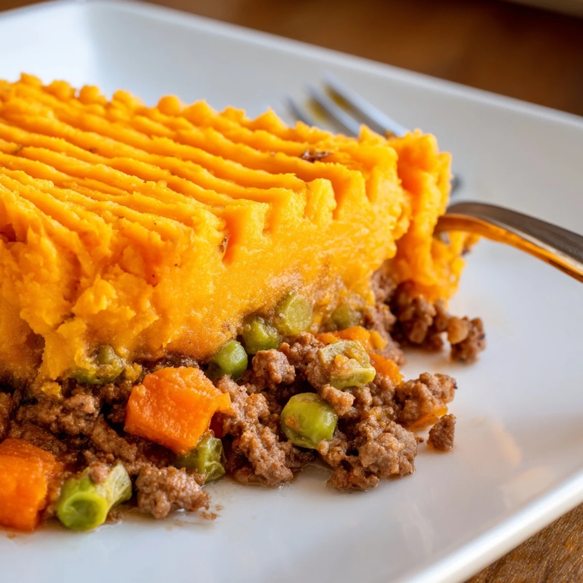A close-up of bubbling Beef Shepherds Pie with Sweet Potato Topping, featuring a fork-marked top and rich beef filling.