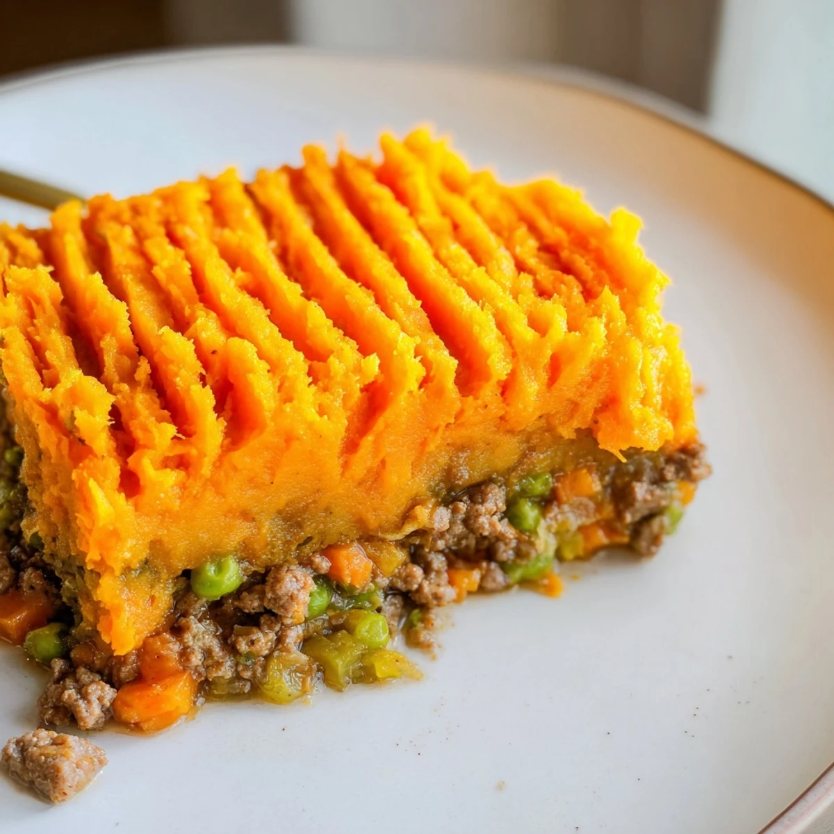 Steam rises from a freshly baked Beef Shepherds Pie with Sweet Potato Topping served in a ceramic dish on a rustic table.