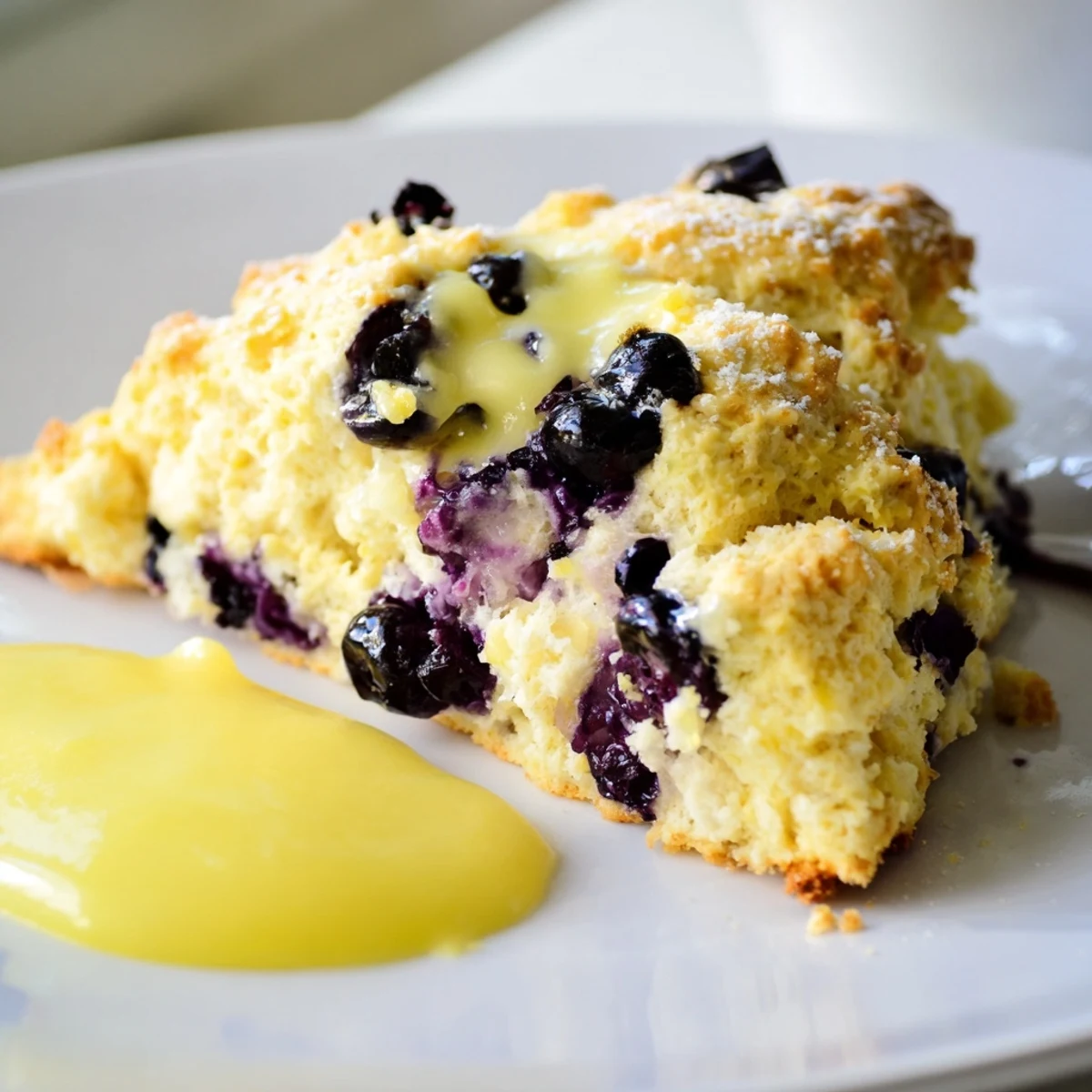 A close-up of warm Lemon Blueberry Scones with Lemon Curd, revealing fluffy interiors packed with blueberries and a side of zesty yellow dipping sauce.