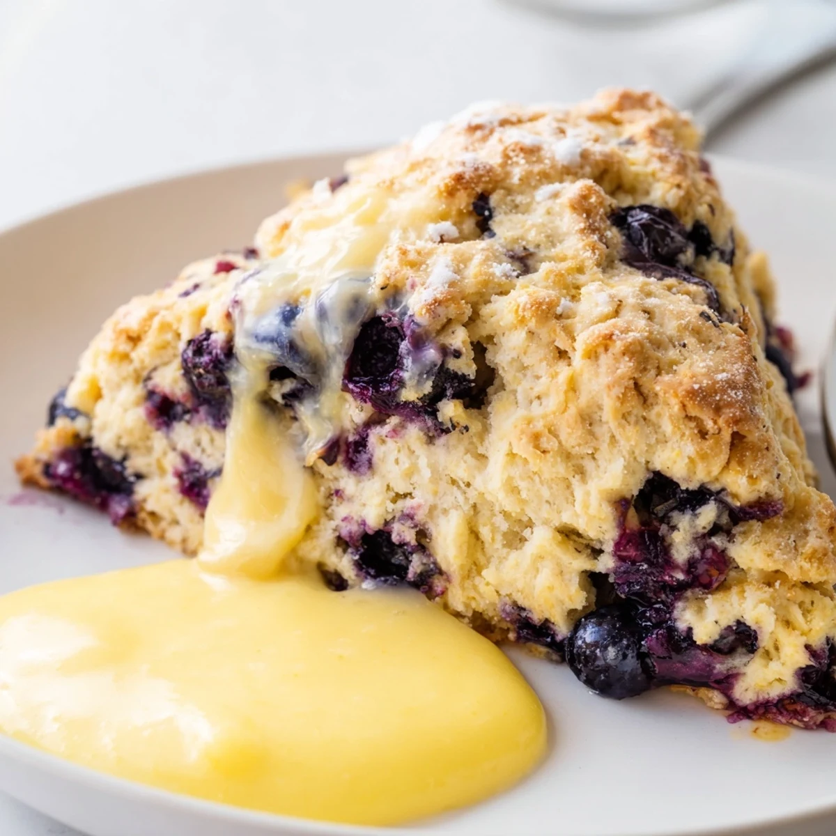 Freshly baked Lemon Blueberry Scones with Lemon Curd on a rustic wooden table, showcasing golden edges and a luscious yellow sauce drizzled over the top.