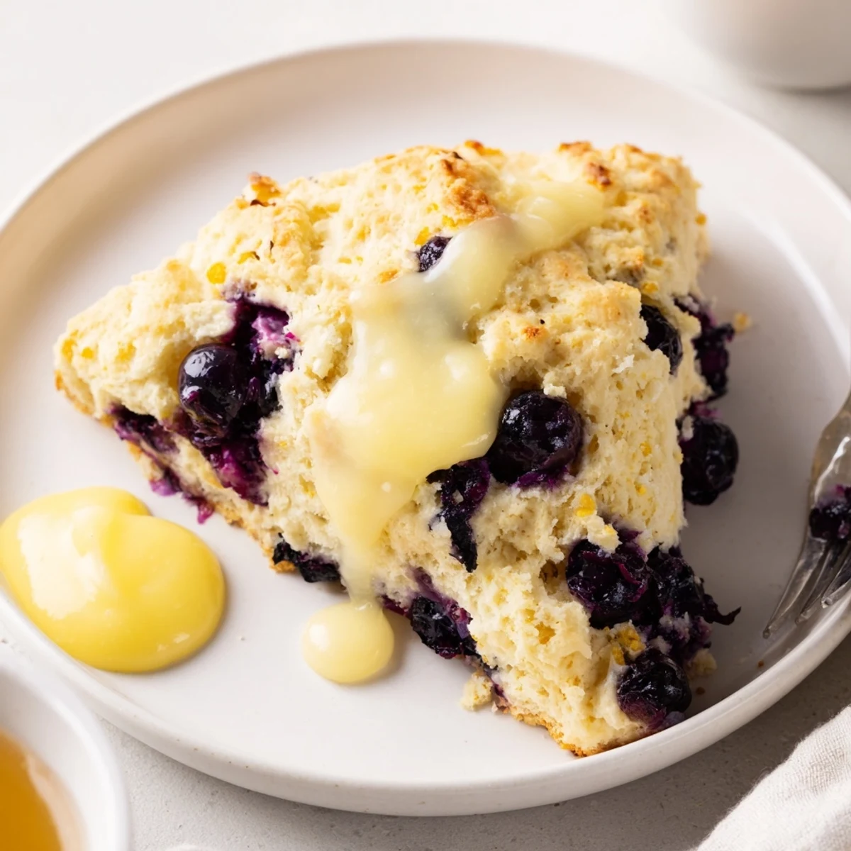 Overhead view of Lemon Blueberry Scones with Lemon Curd arranged on a ceramic plate, perfect for a cozy American breakfast or brunch spread.