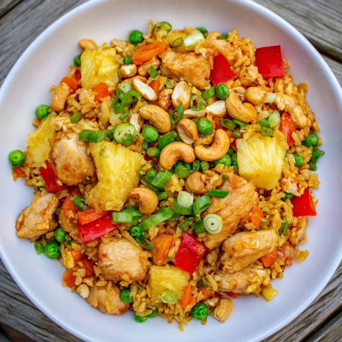 In a wok, Pineapple Chicken Fried Rice with Cashews features juicy pineapple chunks and crunchy nuts, perfect for a weeknight Thai-inspired meal.