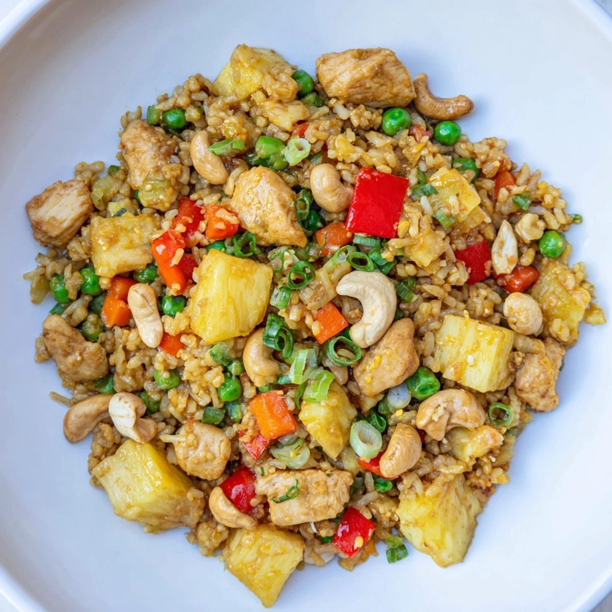 Serving suggestion for Pineapple Chicken Fried Rice with Cashews, garnished with green onions and lime wedges on a white plate.