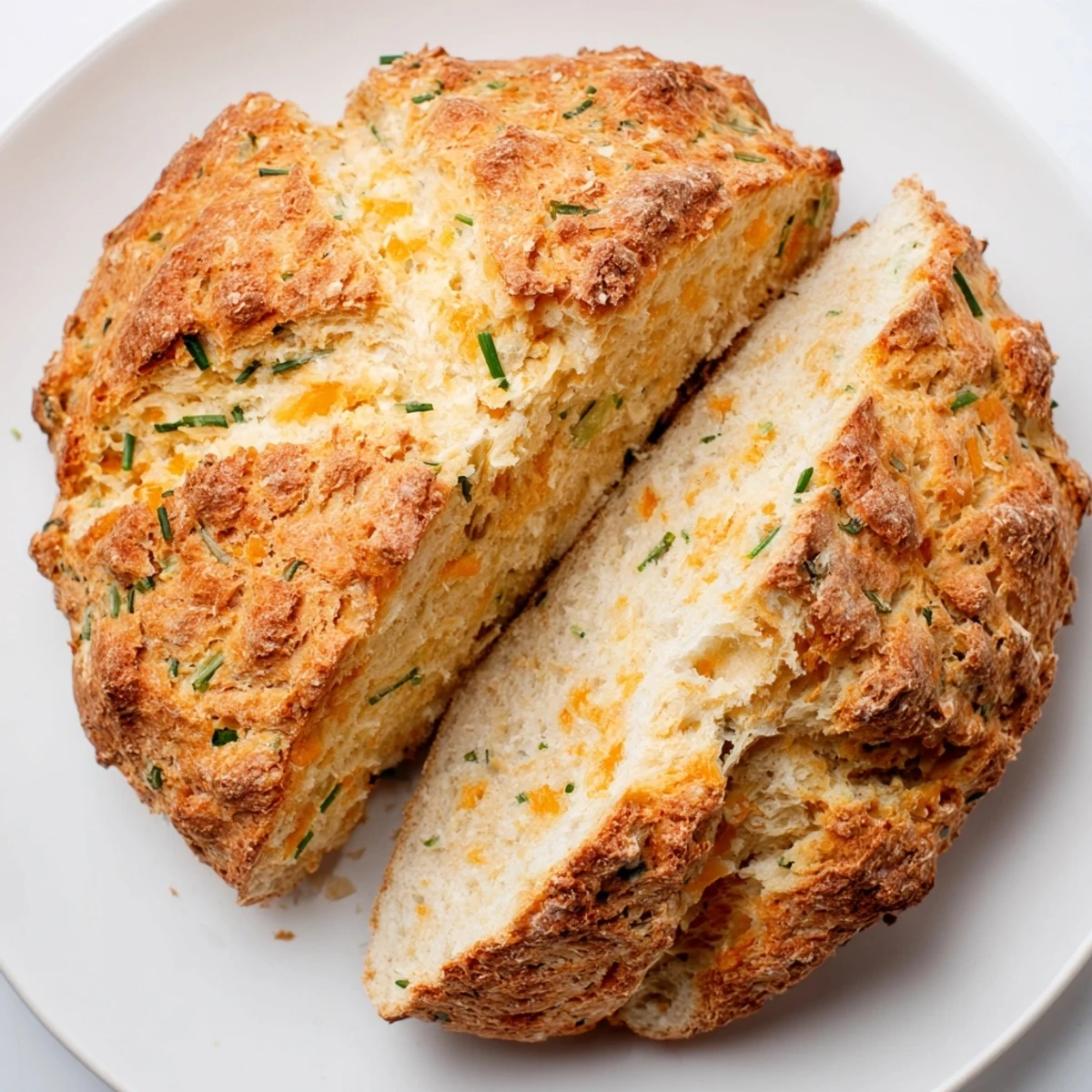Close-up of a golden Savory Cheddar & Chive Irish Soda Bread with a cheesy crust and soft crumb, resting on a wooden board.