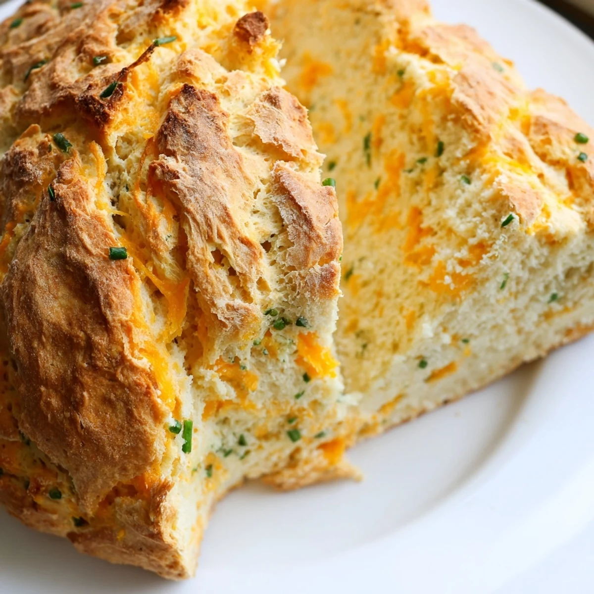 A rustic sliced Savory Cheddar & Chive Irish Soda Bread showing tender interior and melted cheddar, served with a pat of butter.