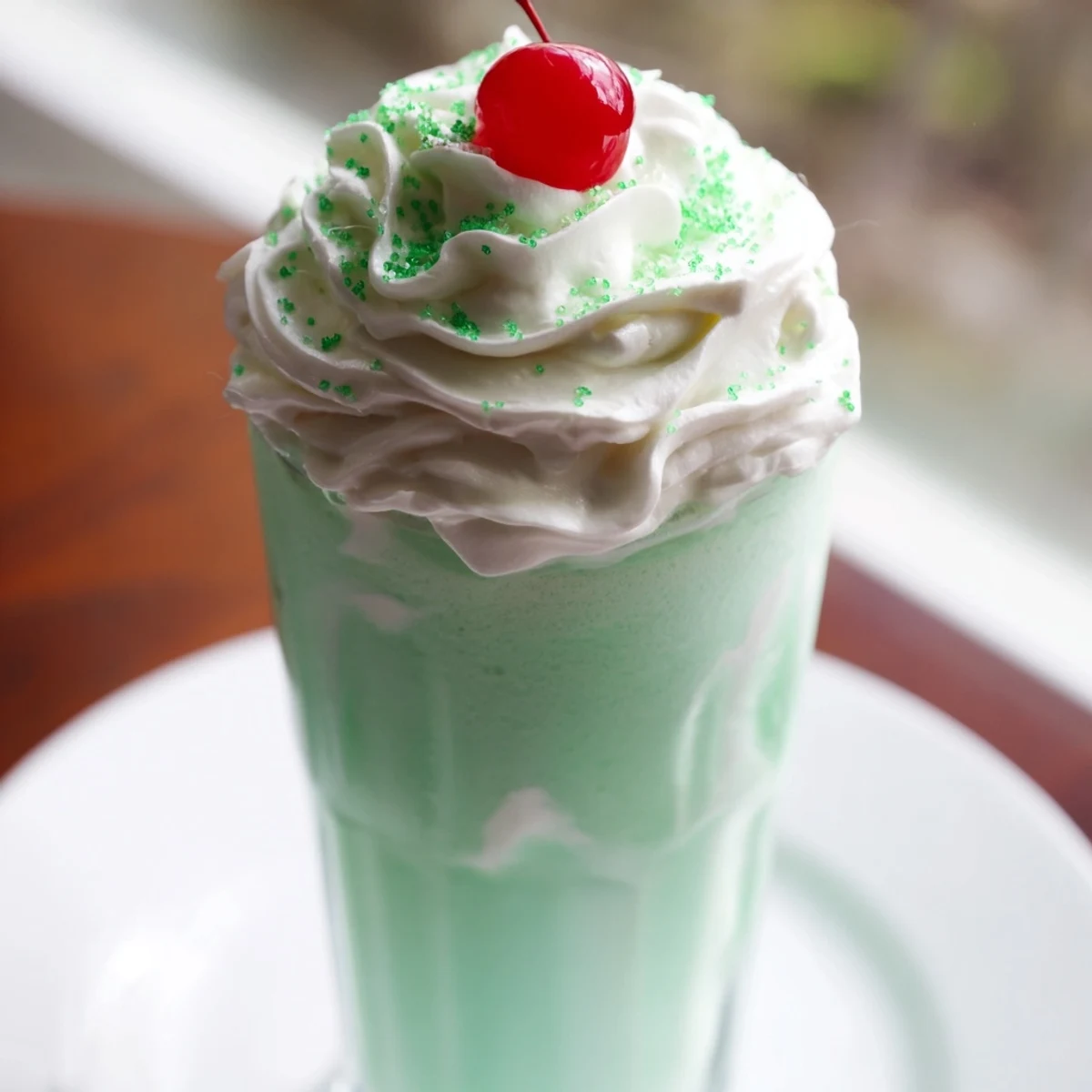 A vibrant homemade copycat shamrock shake with whipped cream and a cherry on top.