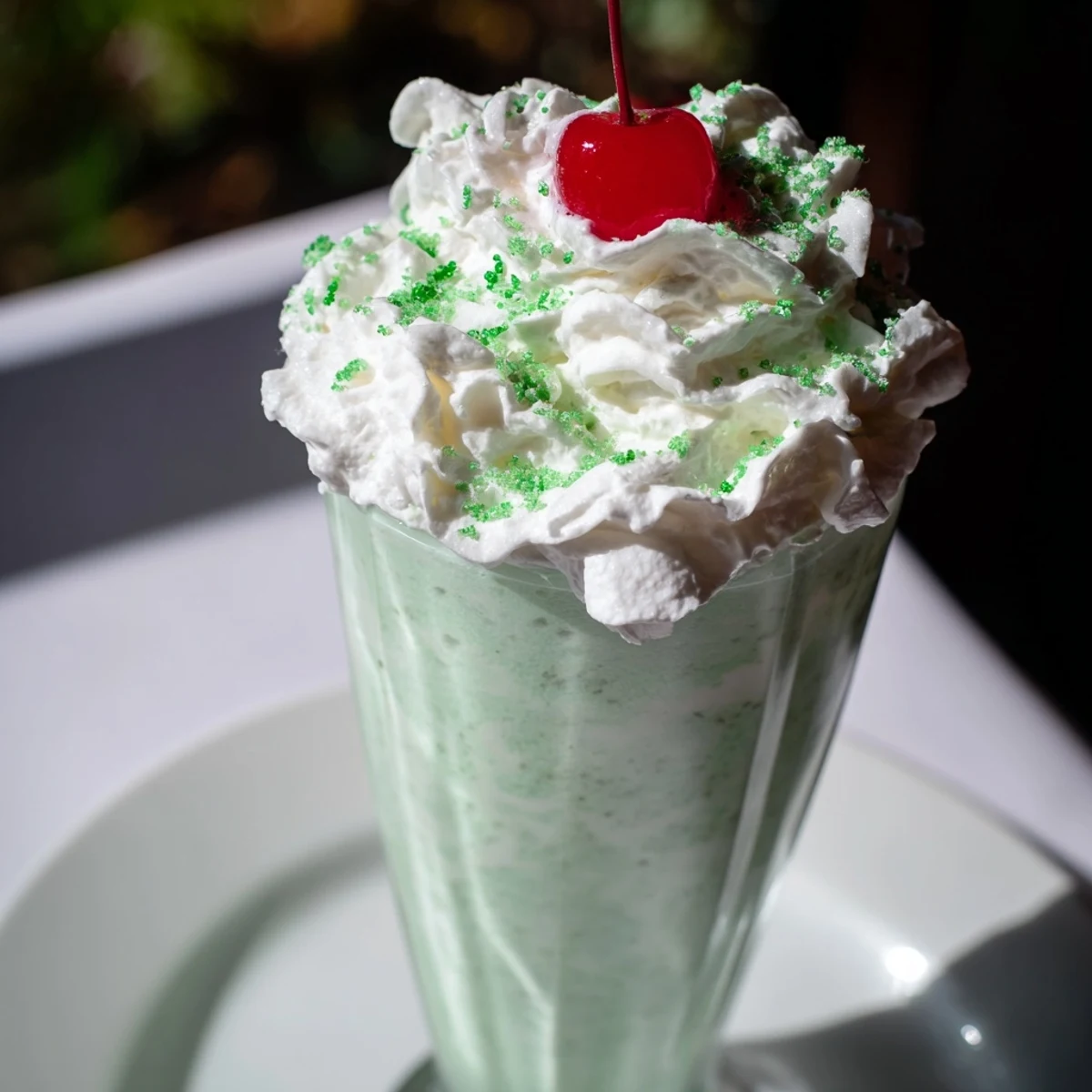 Thick minty copycat shamrock shake blended with vanilla ice cream and topped with green sprinkles.