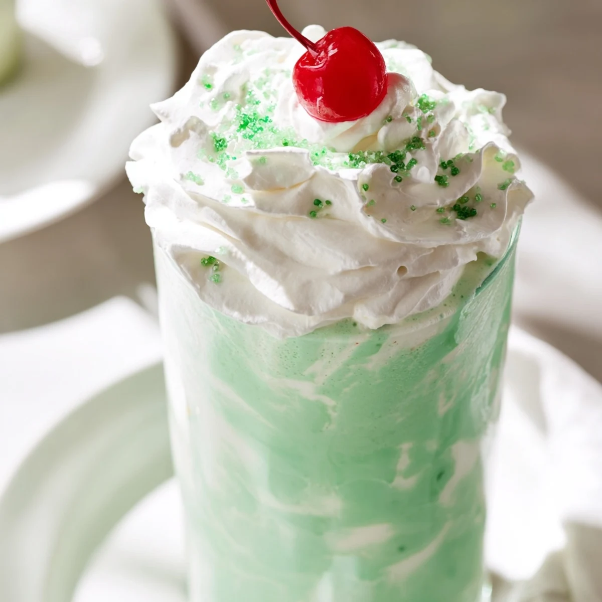 Cool and creamy copycat shamrock shake poured into a frosty glass for St. Patrick's Day.
