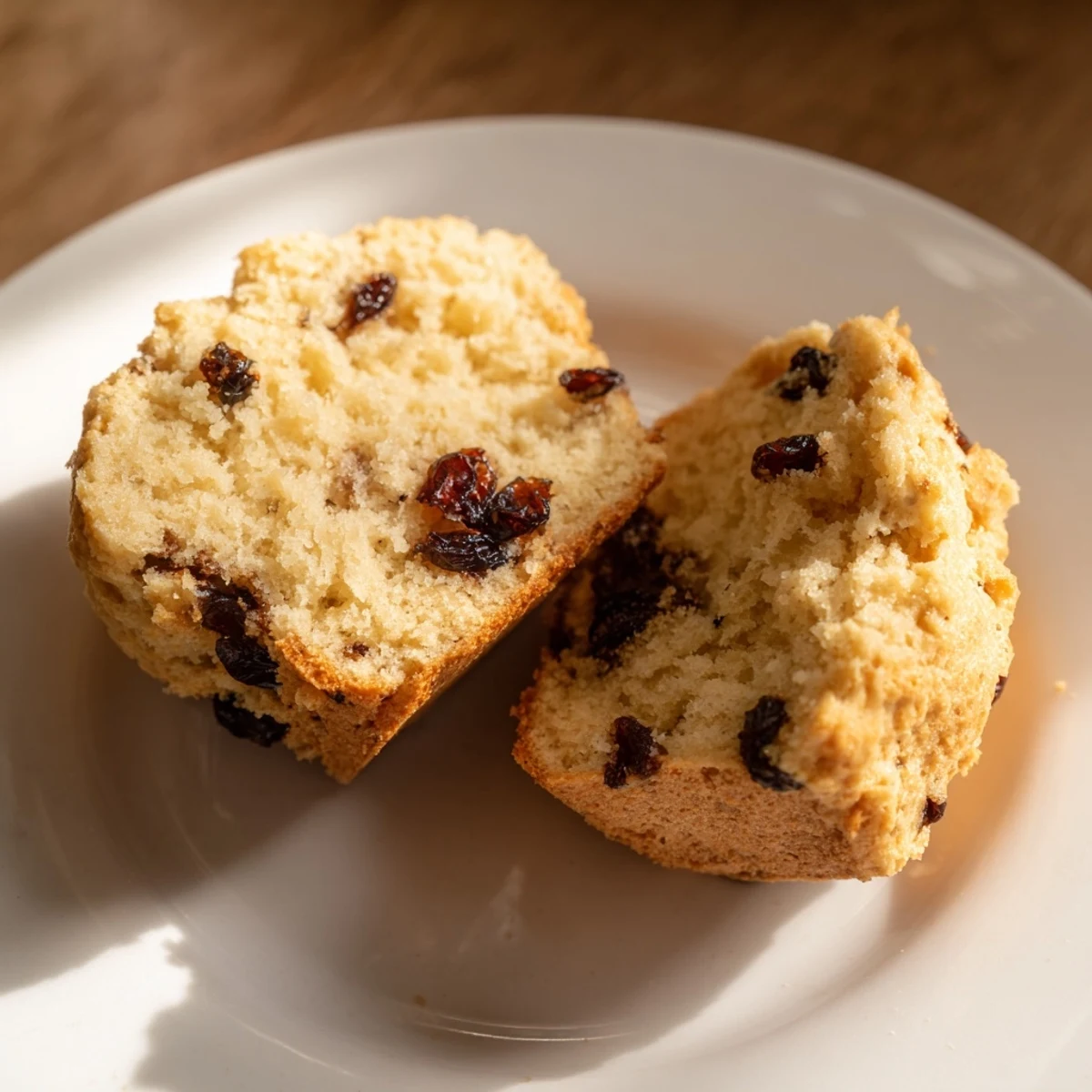 Golden-brown Mini Irish Soda Bread Muffins fresh from the oven, showcasing tender crumb and raisins.