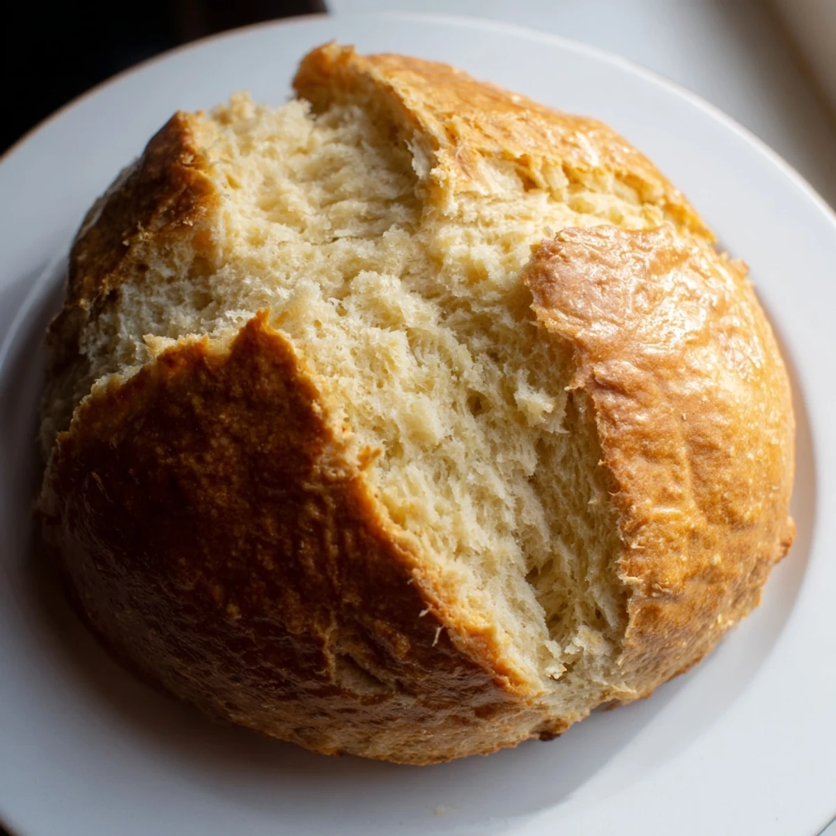 A rustic Authentic 4-Ingredient Irish Soda Bread loaf with a golden crust, sliced on a wooden board ready for breakfast.