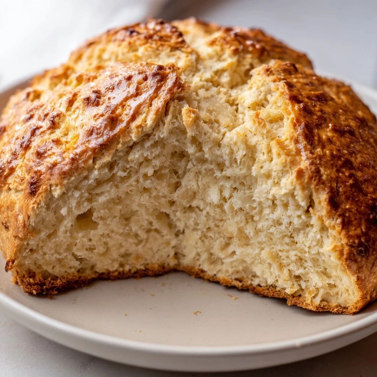 Authentic 4-Ingredient Irish Soda Bread loaf with deep X top, served warm alongside a steaming bowl of hearty stew.