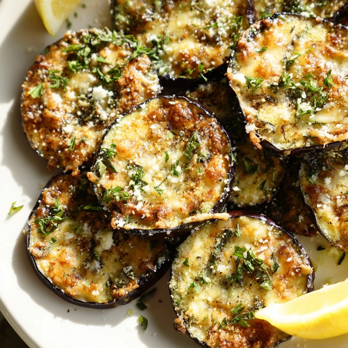 Golden-brown Mediterranean Roasted Eggplant & Parmesan Crisps topped with melted, bubbly cheese and fresh herbs.