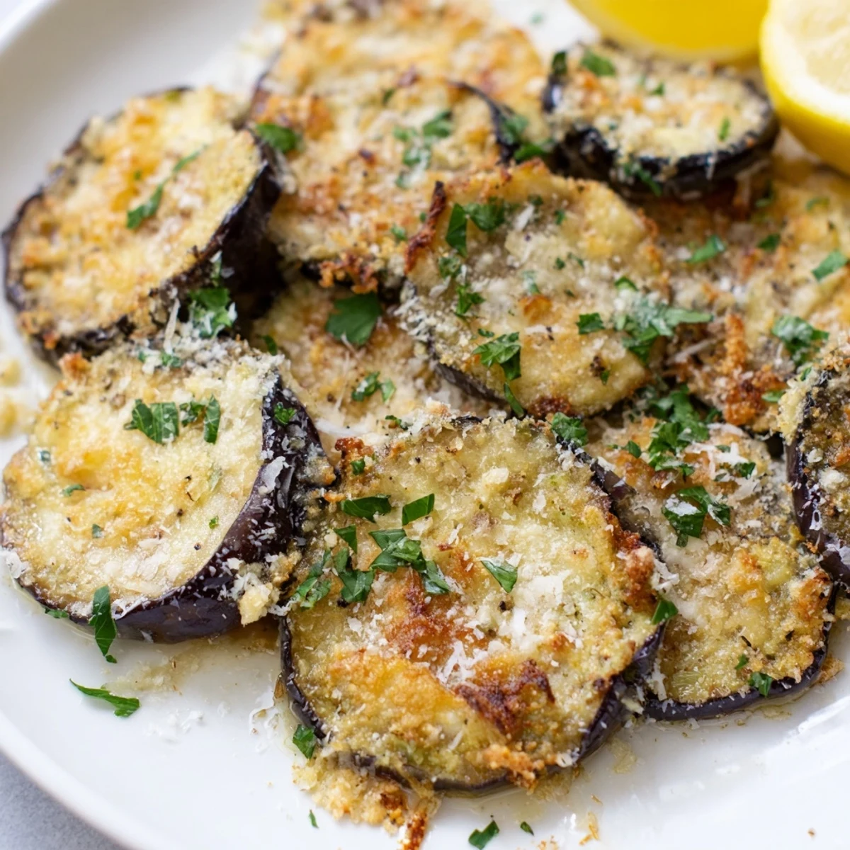 A close-up of Mediterranean Roasted Eggplant & Parmesan Crisps served on a rustic platter with lemon wedges.