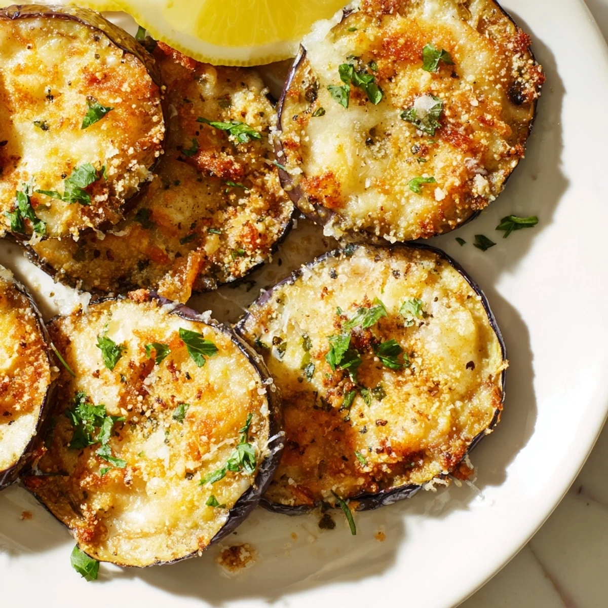 Close-up of Mediterranean Roasted Eggplant & Parmesan Crisps highlighting crispy edges and savory Mediterranean spices.