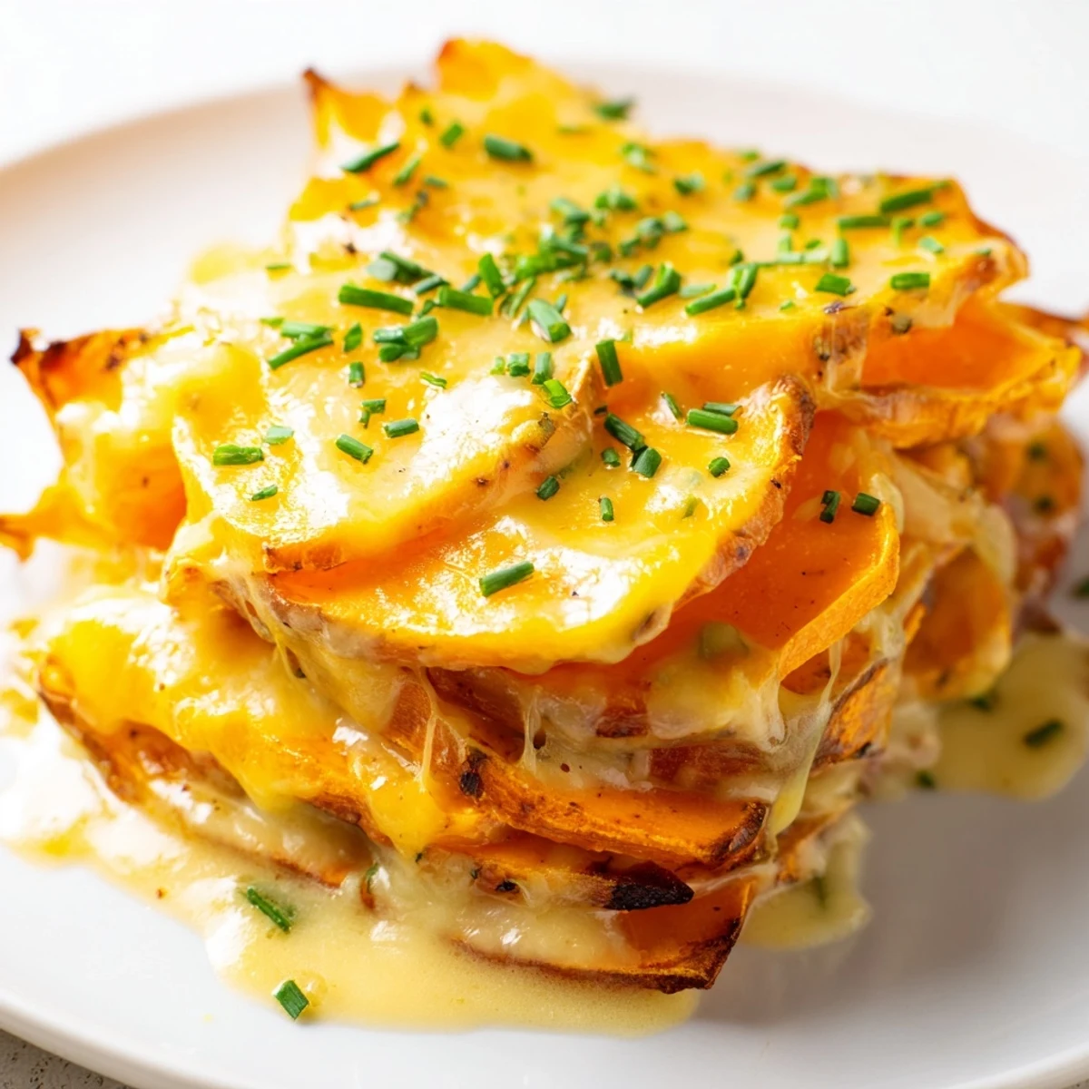 A close-up of golden baked Cheesy Sweet Potato Gratin with Caramelized Onions Delight bubbling in a dish.