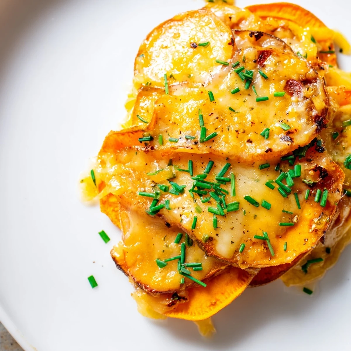 Thick layers of sweet potatoes and caramelized onions in Cheesy Sweet Potato Gratin with Caramelized Onions Delight topped with melted cheese.